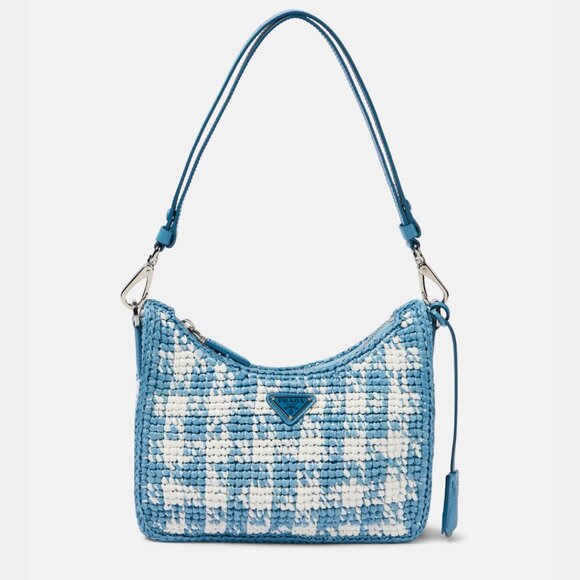 NWT Prada Re-Edition Mini Shoulder Bag Celeste Raffia Gingham Pattern Chain - Picture 2 of 10